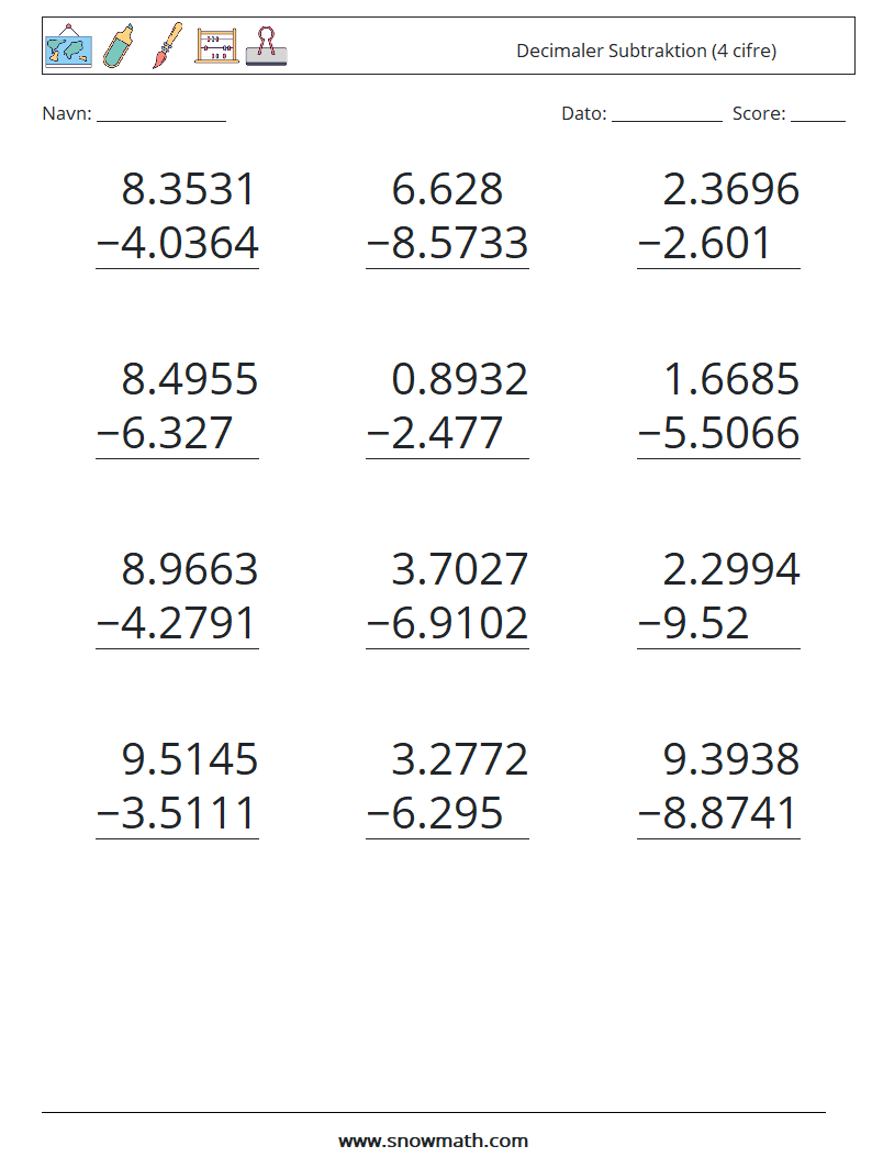 (12) Decimaler Subtraktion (4 cifre) Matematiske regneark 17