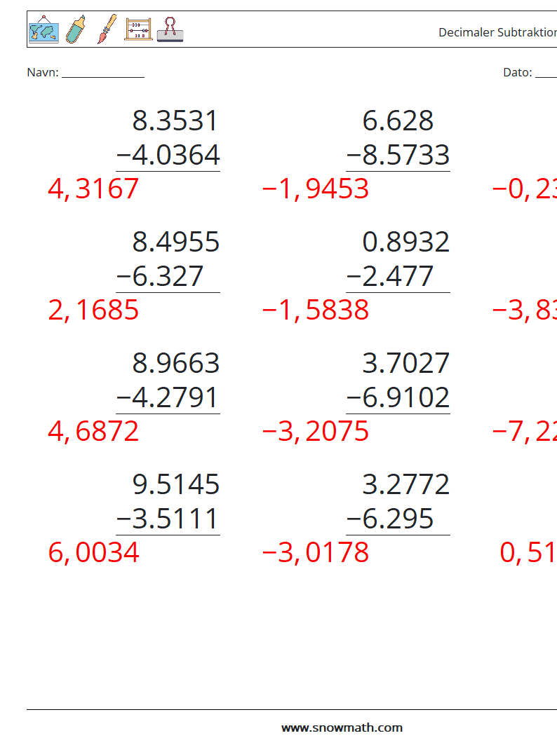 (12) Decimaler Subtraktion (4 cifre) Matematiske regneark 17 Spørgsmål, svar