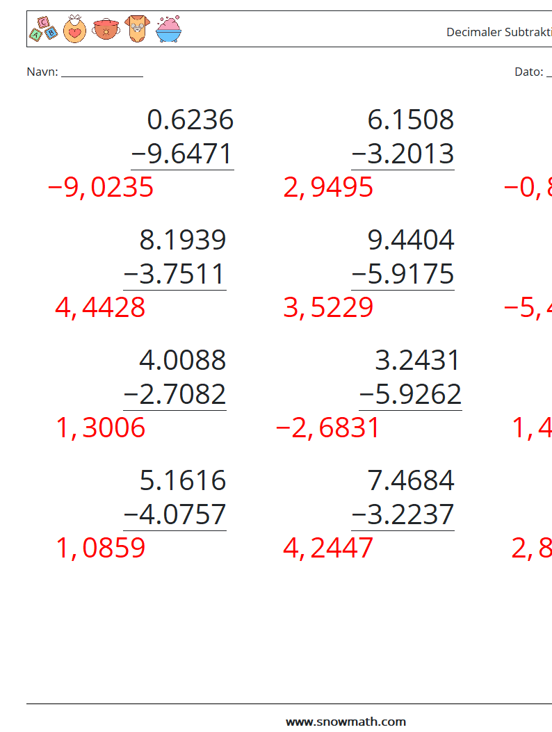 (12) Decimaler Subtraktion (4 cifre) Matematiske regneark 18 Spørgsmål, svar