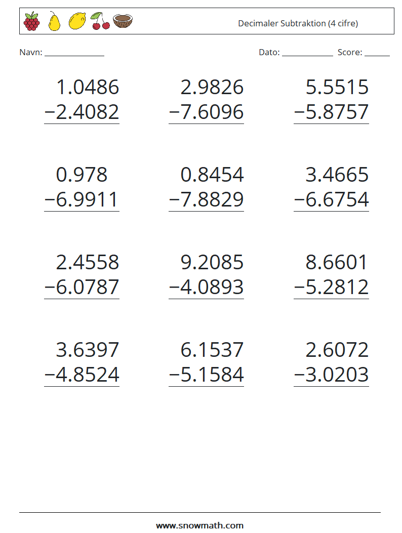 (12) Decimaler Subtraktion (4 cifre) Matematiske regneark 2