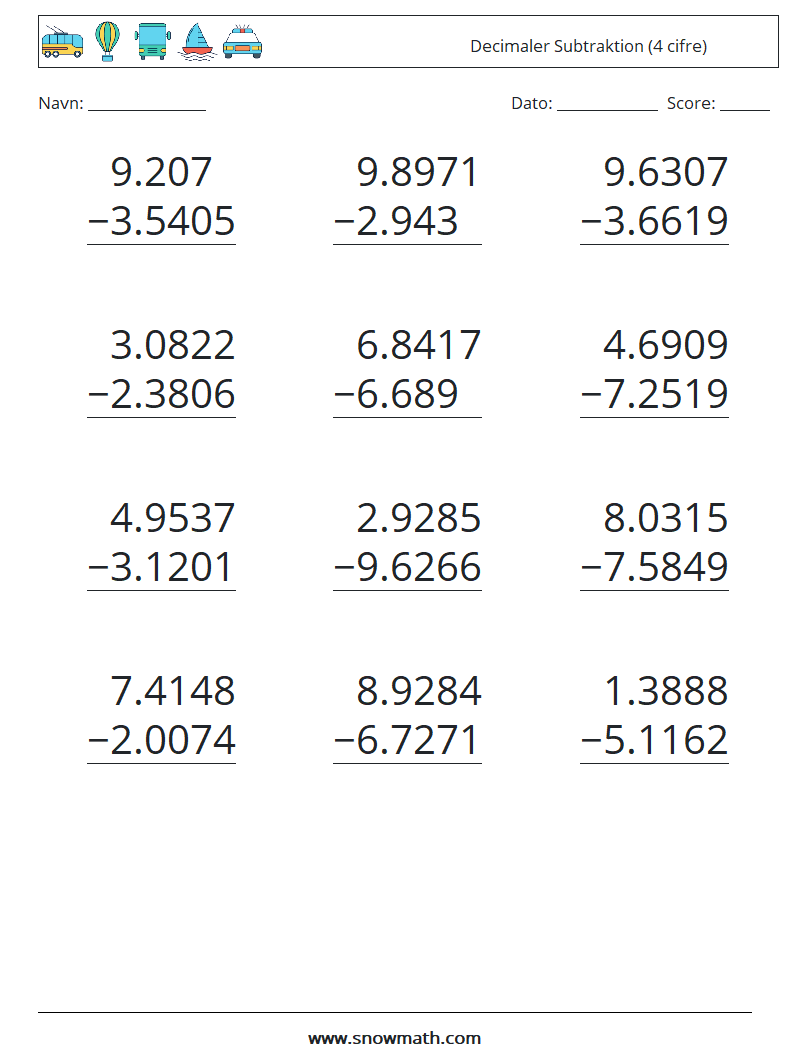 (12) Decimaler Subtraktion (4 cifre) Matematiske regneark 3