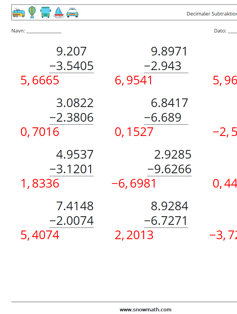 (12) Decimaler Subtraktion (4 cifre) Matematiske regneark 3 Spørgsmål, svar