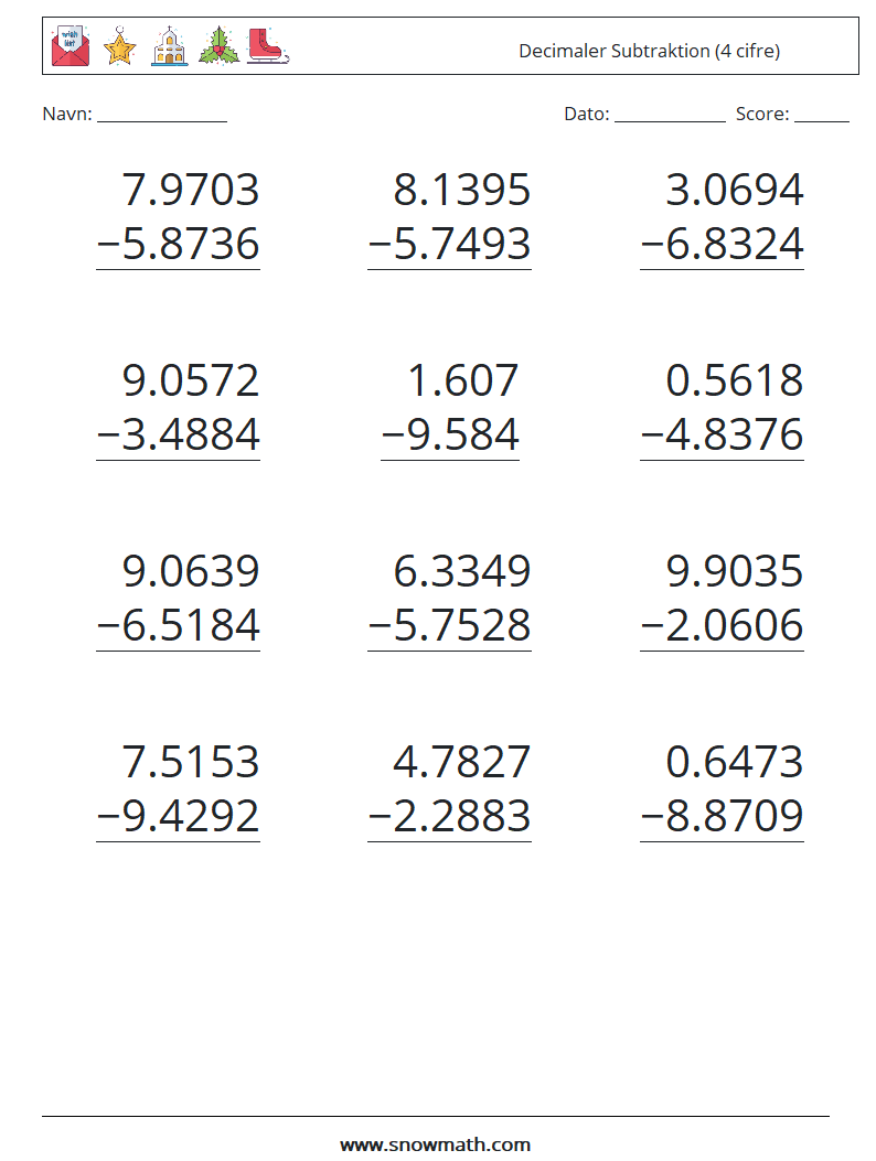 (12) Decimaler Subtraktion (4 cifre) Matematiske regneark 4