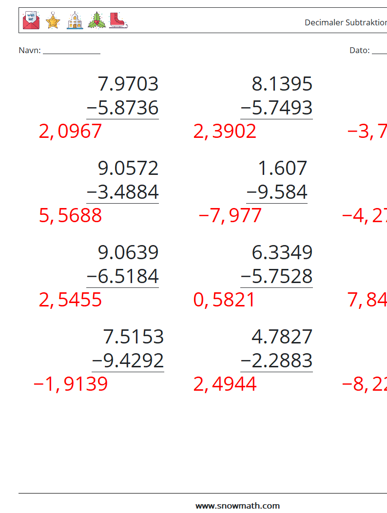 (12) Decimaler Subtraktion (4 cifre) Matematiske regneark 4 Spørgsmål, svar