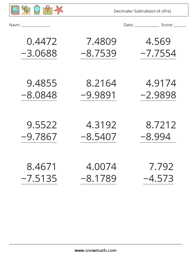 (12) Decimaler Subtraktion (4 cifre) Matematiske regneark 5