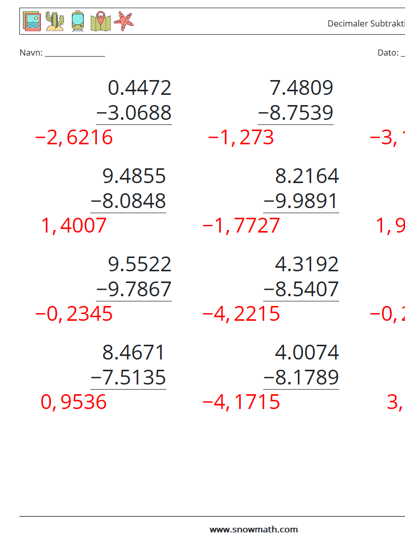 (12) Decimaler Subtraktion (4 cifre) Matematiske regneark 5 Spørgsmål, svar