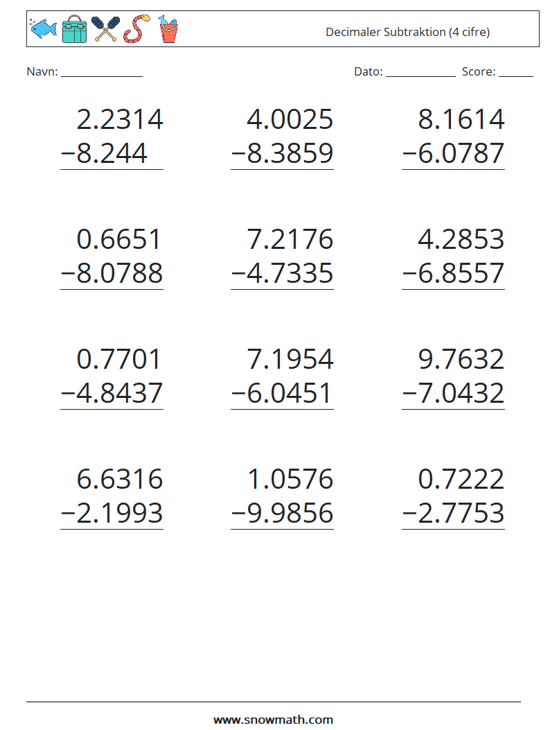 (12) Decimaler Subtraktion (4 cifre) Matematiske regneark 6