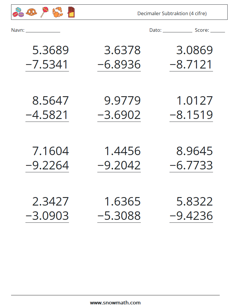 (12) Decimaler Subtraktion (4 cifre) Matematiske regneark 7