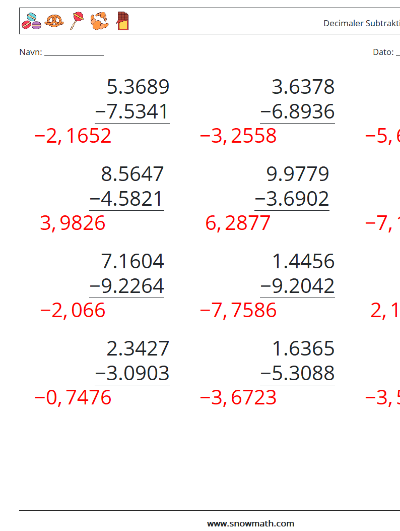 (12) Decimaler Subtraktion (4 cifre) Matematiske regneark 7 Spørgsmål, svar