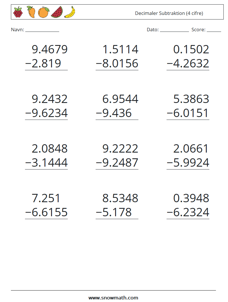 (12) Decimaler Subtraktion (4 cifre) Matematiske regneark 9