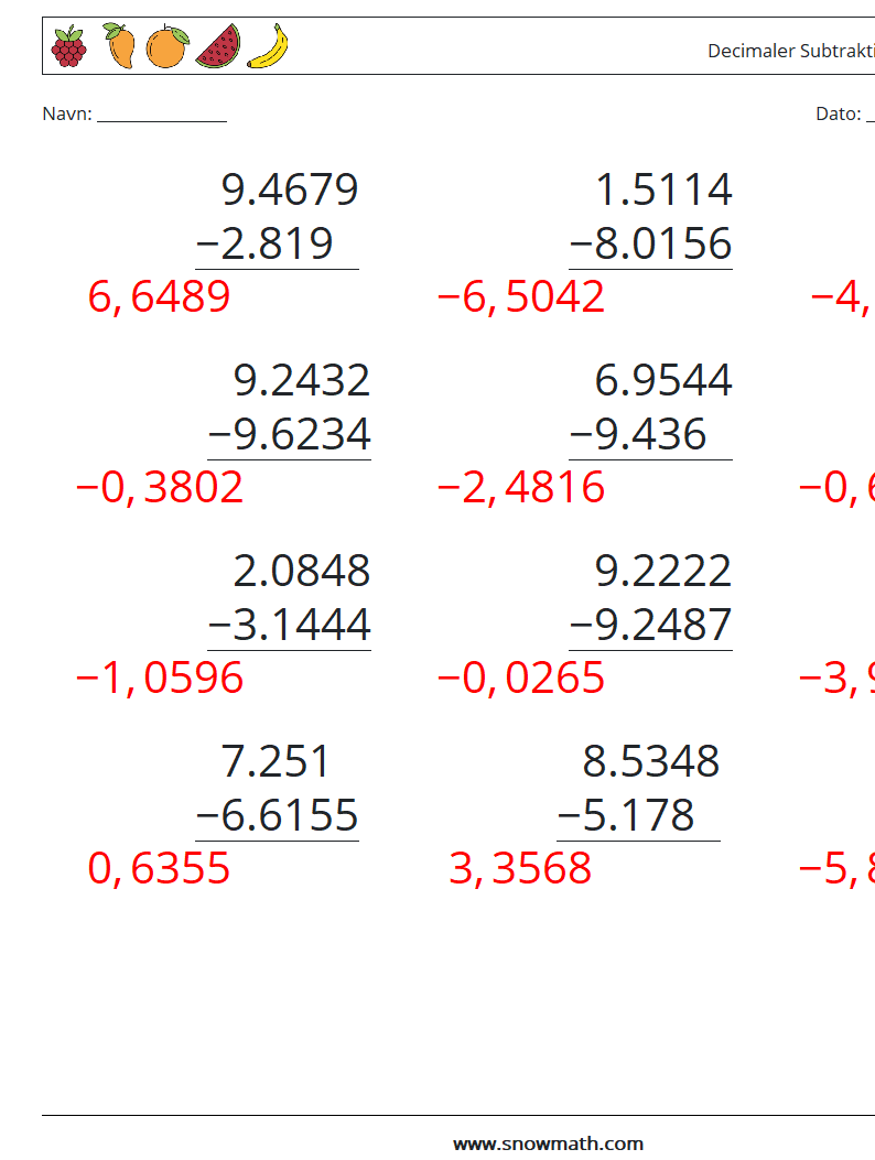 (12) Decimaler Subtraktion (4 cifre) Matematiske regneark 9 Spørgsmål, svar