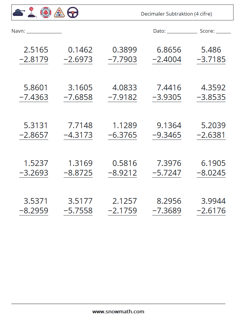 (25) Decimaler Subtraktion (4 cifre) Matematiske regneark 1