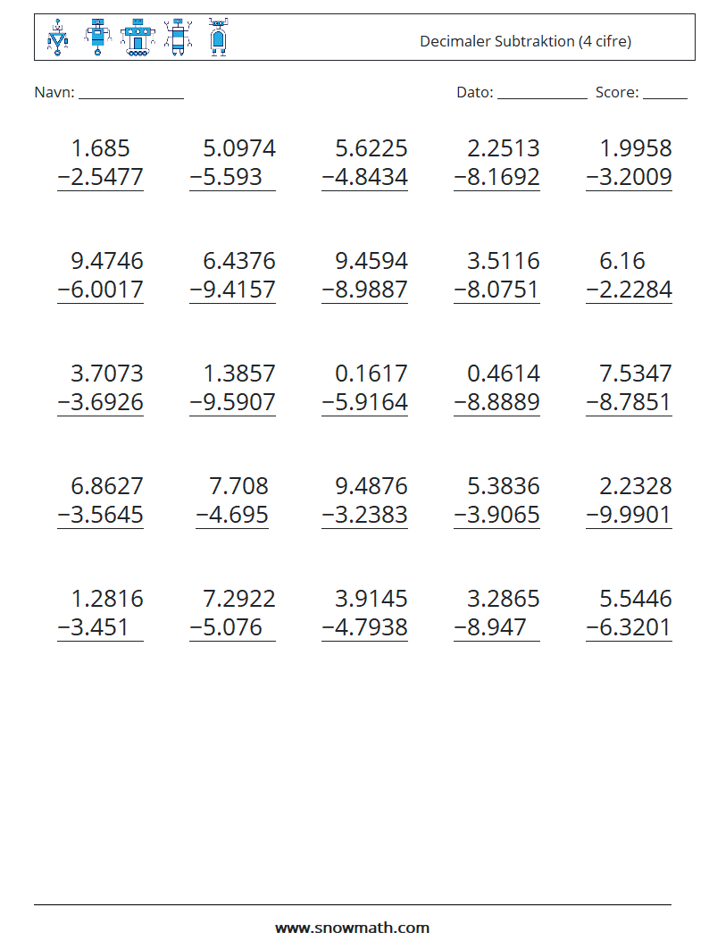 (25) Decimaler Subtraktion (4 cifre) Matematiske regneark 10