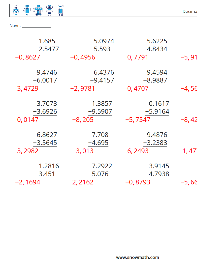 (25) Decimaler Subtraktion (4 cifre) Matematiske regneark 10 Spørgsmål, svar