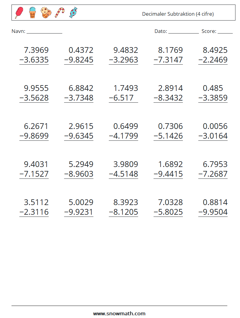 (25) Decimaler Subtraktion (4 cifre) Matematiske regneark 11