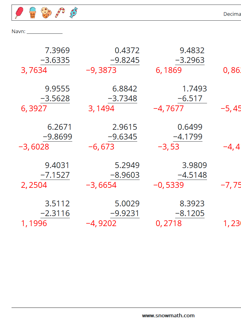 (25) Decimaler Subtraktion (4 cifre) Matematiske regneark 11 Spørgsmål, svar