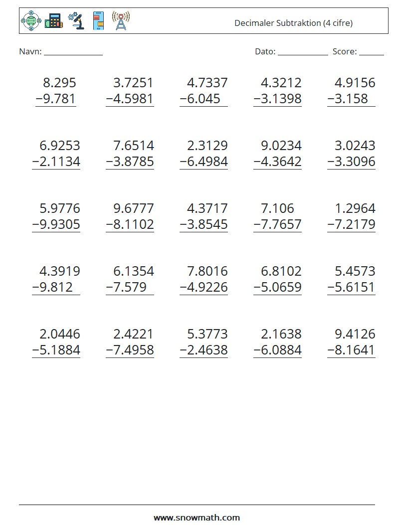 (25) Decimaler Subtraktion (4 cifre) Matematiske regneark 12