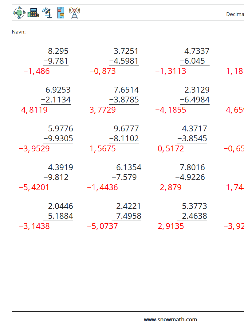 (25) Decimaler Subtraktion (4 cifre) Matematiske regneark 12 Spørgsmål, svar