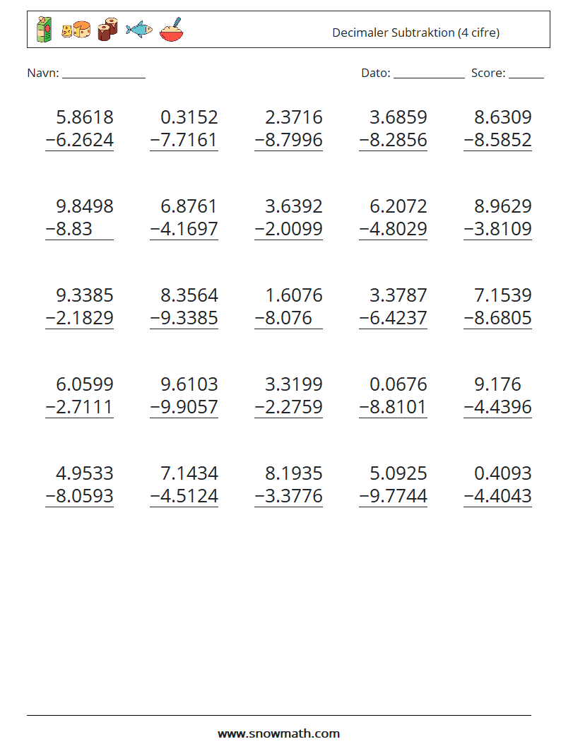(25) Decimaler Subtraktion (4 cifre) Matematiske regneark 13