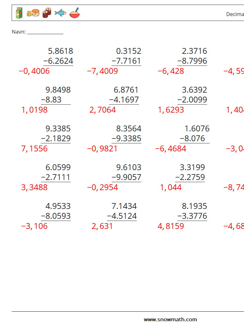 (25) Decimaler Subtraktion (4 cifre) Matematiske regneark 13 Spørgsmål, svar