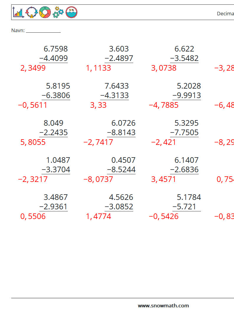 (25) Decimaler Subtraktion (4 cifre) Matematiske regneark 14 Spørgsmål, svar