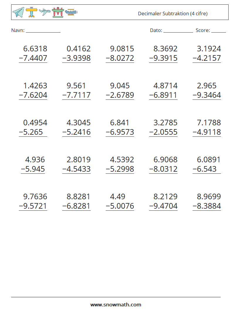 (25) Decimaler Subtraktion (4 cifre) Matematiske regneark 15