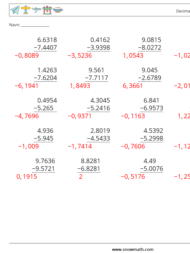 (25) Decimaler Subtraktion (4 cifre) Matematiske regneark 15 Spørgsmål, svar