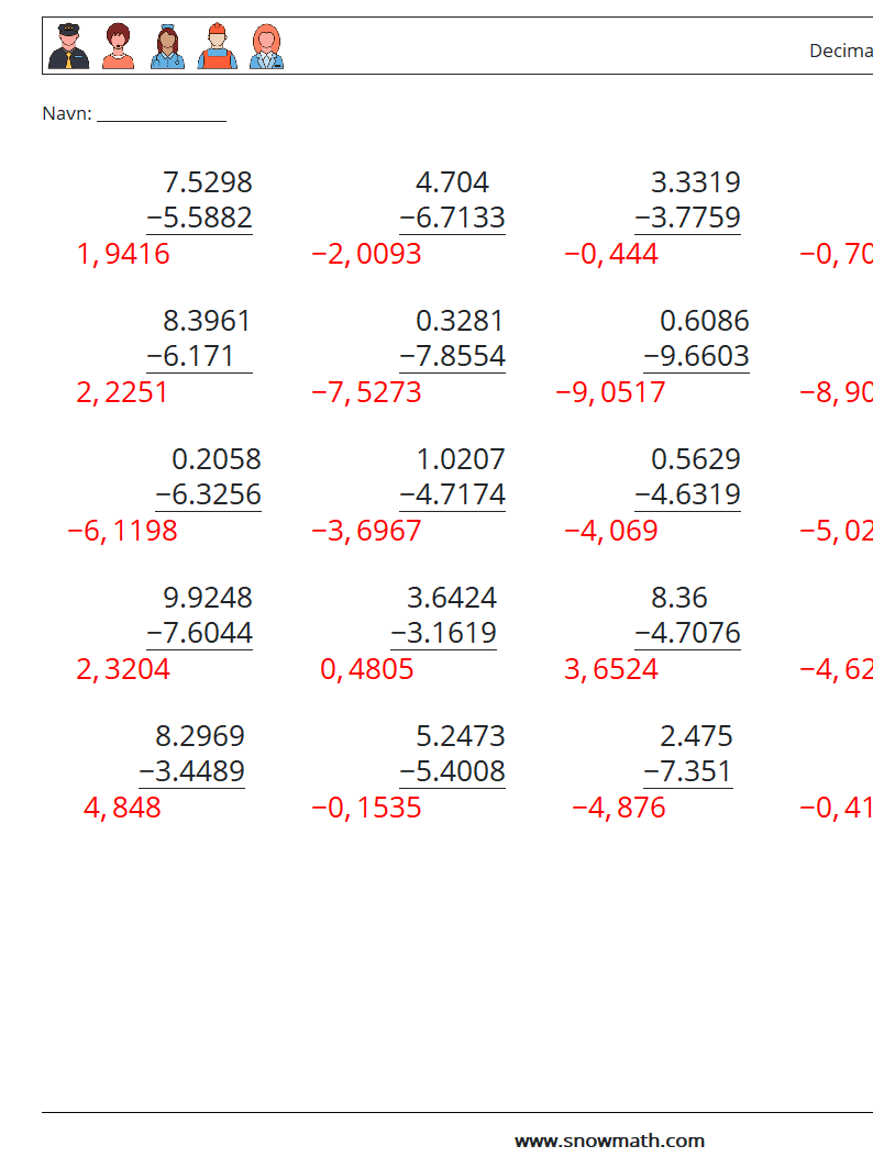 (25) Decimaler Subtraktion (4 cifre) Matematiske regneark 16 Spørgsmål, svar