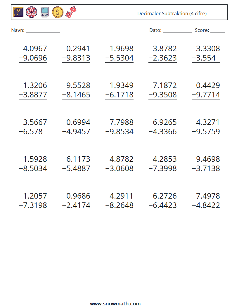 (25) Decimaler Subtraktion (4 cifre) Matematiske regneark 17