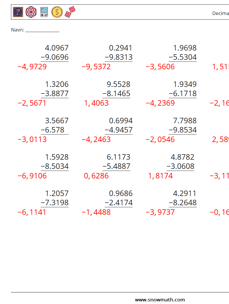 (25) Decimaler Subtraktion (4 cifre) Matematiske regneark 17 Spørgsmål, svar