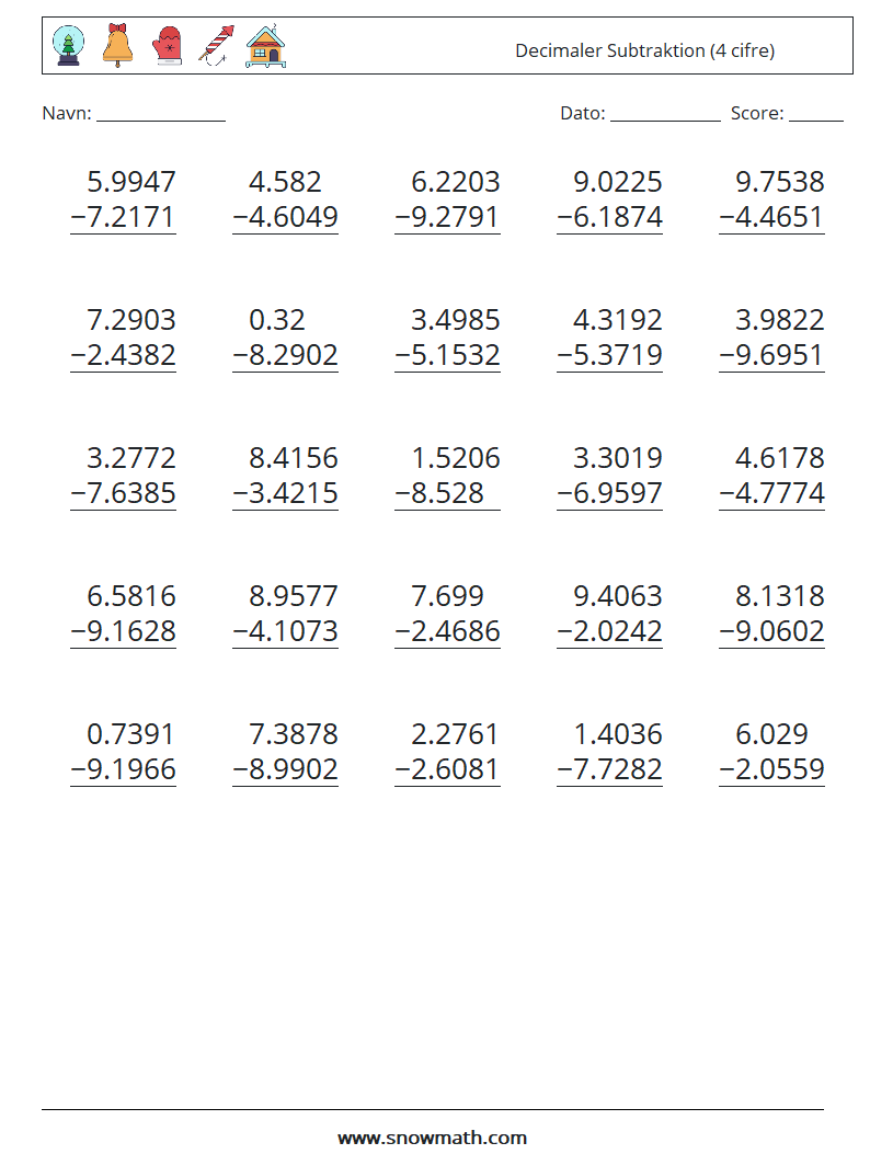 (25) Decimaler Subtraktion (4 cifre) Matematiske regneark 18