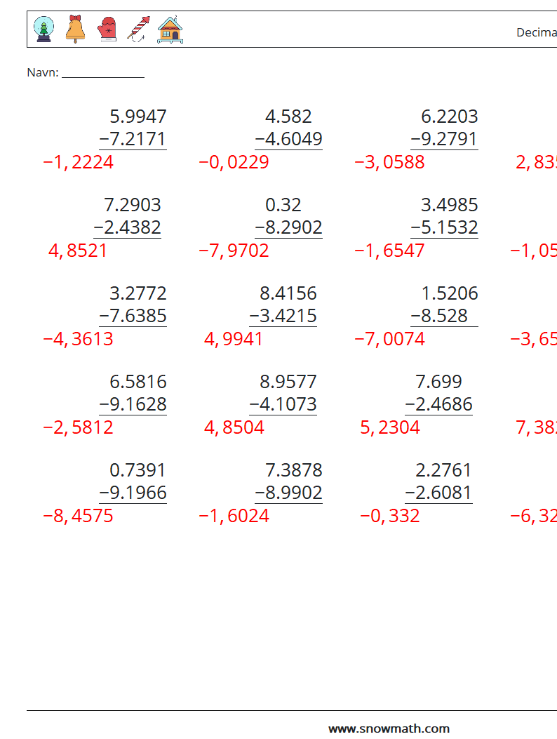 (25) Decimaler Subtraktion (4 cifre) Matematiske regneark 18 Spørgsmål, svar