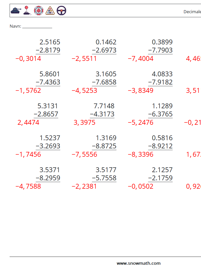 (25) Decimaler Subtraktion (4 cifre) Matematiske regneark 1 Spørgsmål, svar