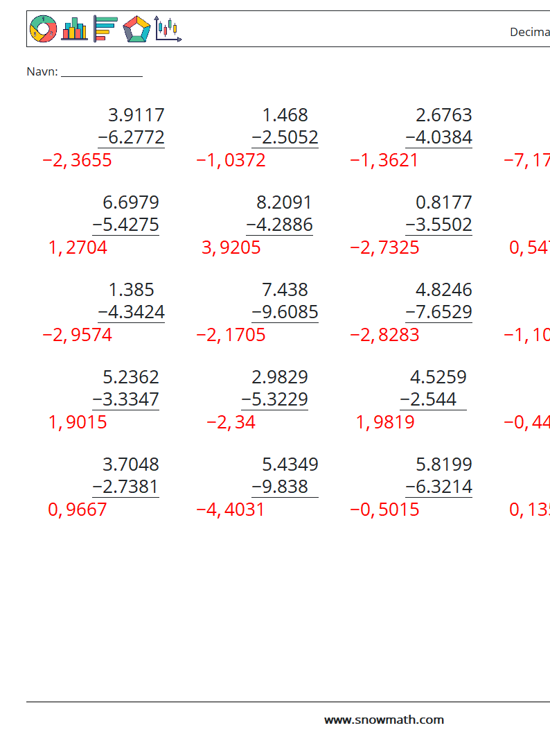 (25) Decimaler Subtraktion (4 cifre) Matematiske regneark 2 Spørgsmål, svar