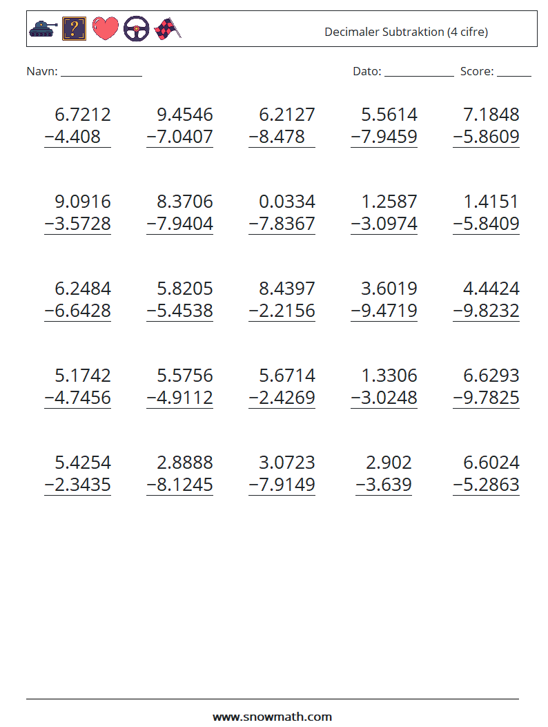 (25) Decimaler Subtraktion (4 cifre) Matematiske regneark 4