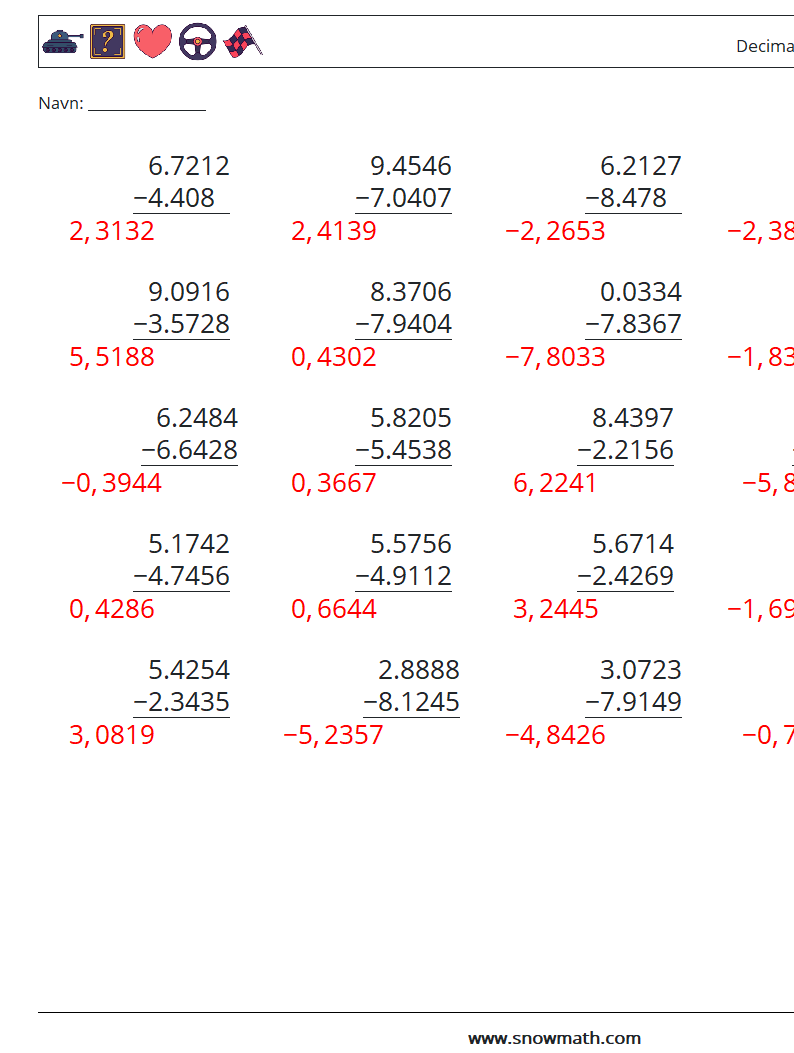 (25) Decimaler Subtraktion (4 cifre) Matematiske regneark 4 Spørgsmål, svar