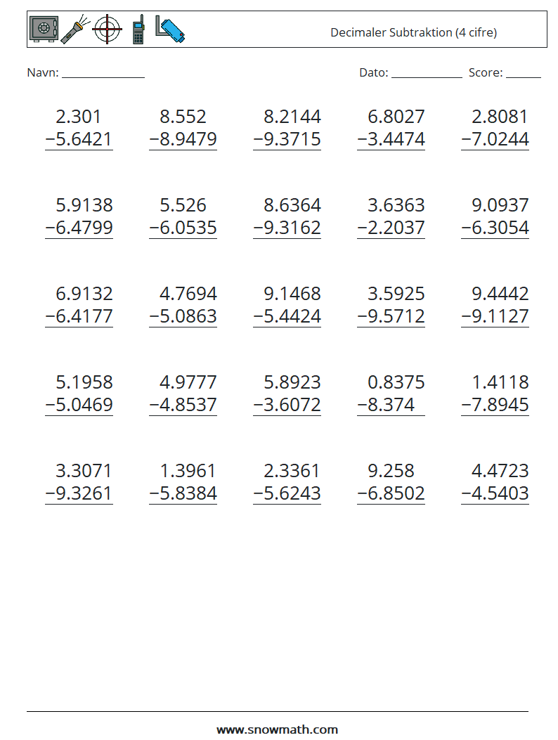 (25) Decimaler Subtraktion (4 cifre) Matematiske regneark 5
