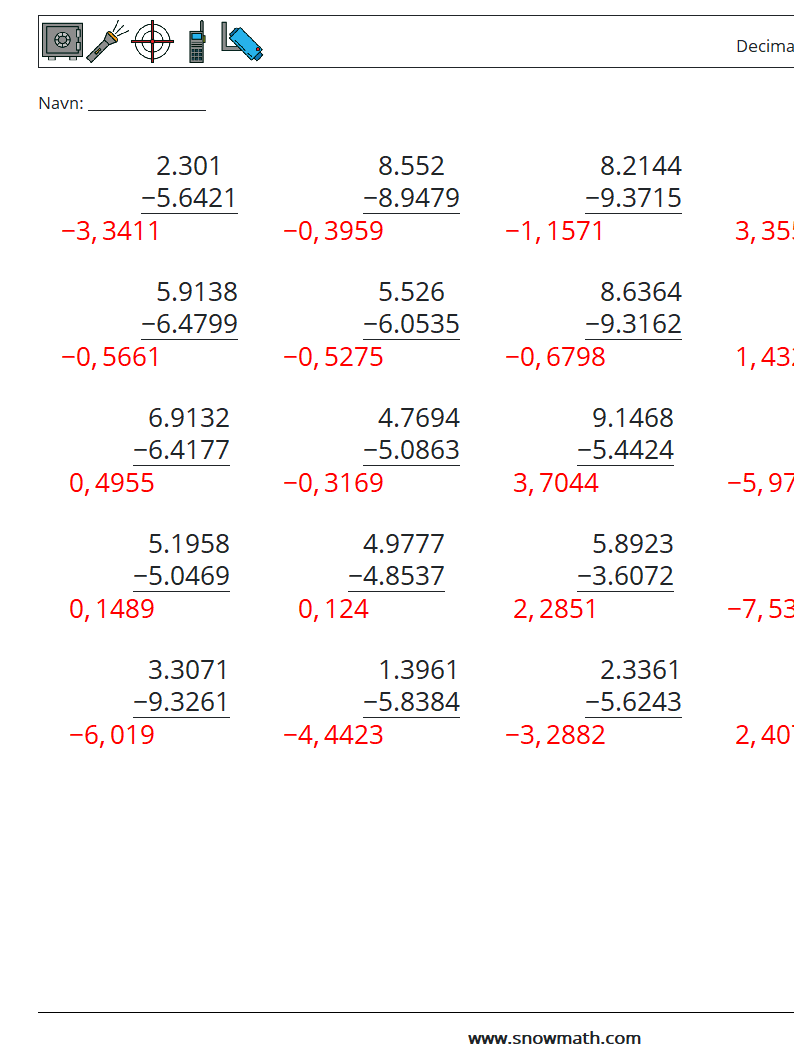 (25) Decimaler Subtraktion (4 cifre) Matematiske regneark 5 Spørgsmål, svar