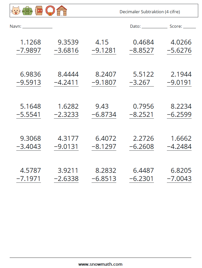 (25) Decimaler Subtraktion (4 cifre) Matematiske regneark 6
