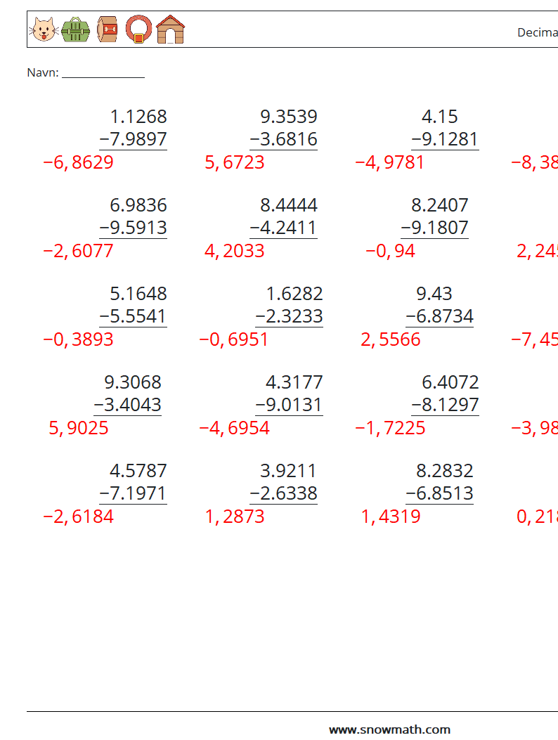 (25) Decimaler Subtraktion (4 cifre) Matematiske regneark 6 Spørgsmål, svar