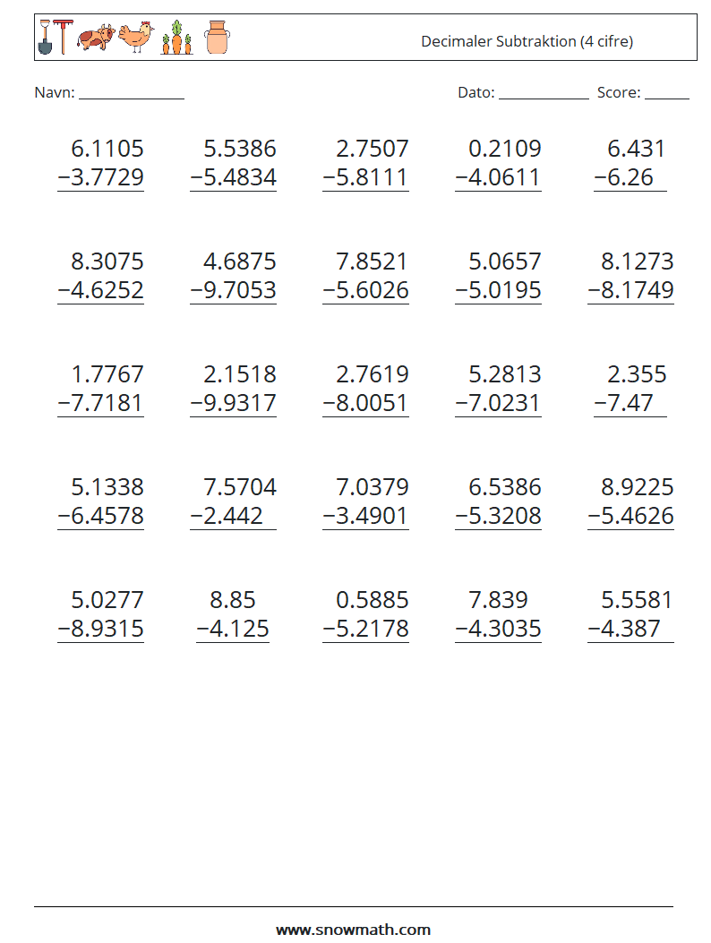 (25) Decimaler Subtraktion (4 cifre) Matematiske regneark 7