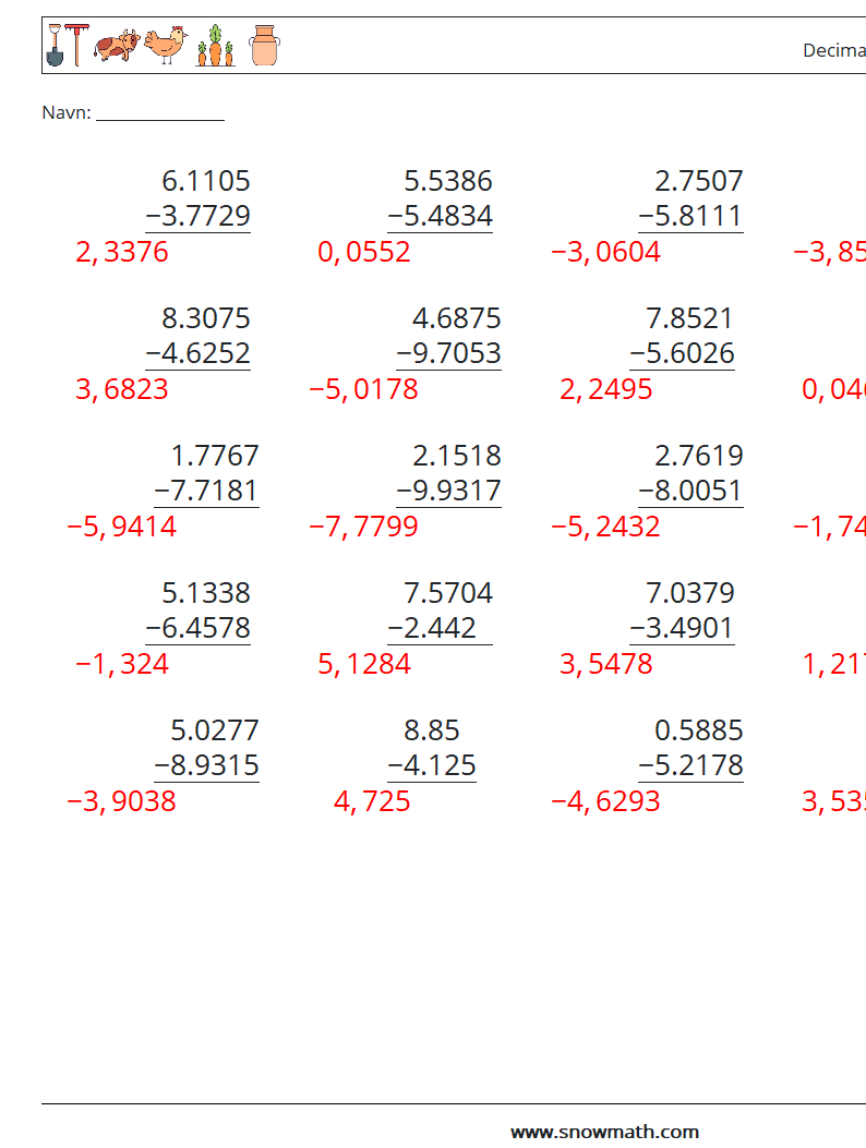 (25) Decimaler Subtraktion (4 cifre) Matematiske regneark 7 Spørgsmål, svar