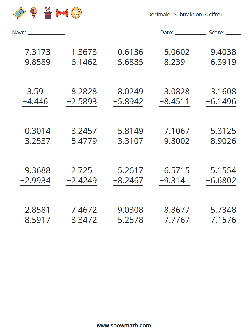 (25) Decimaler Subtraktion (4 cifre) Matematiske regneark 8