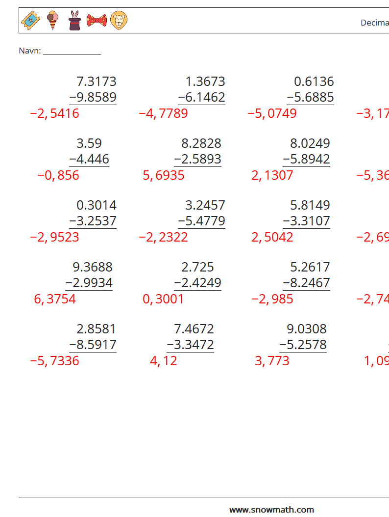 (25) Decimaler Subtraktion (4 cifre) Matematiske regneark 8 Spørgsmål, svar