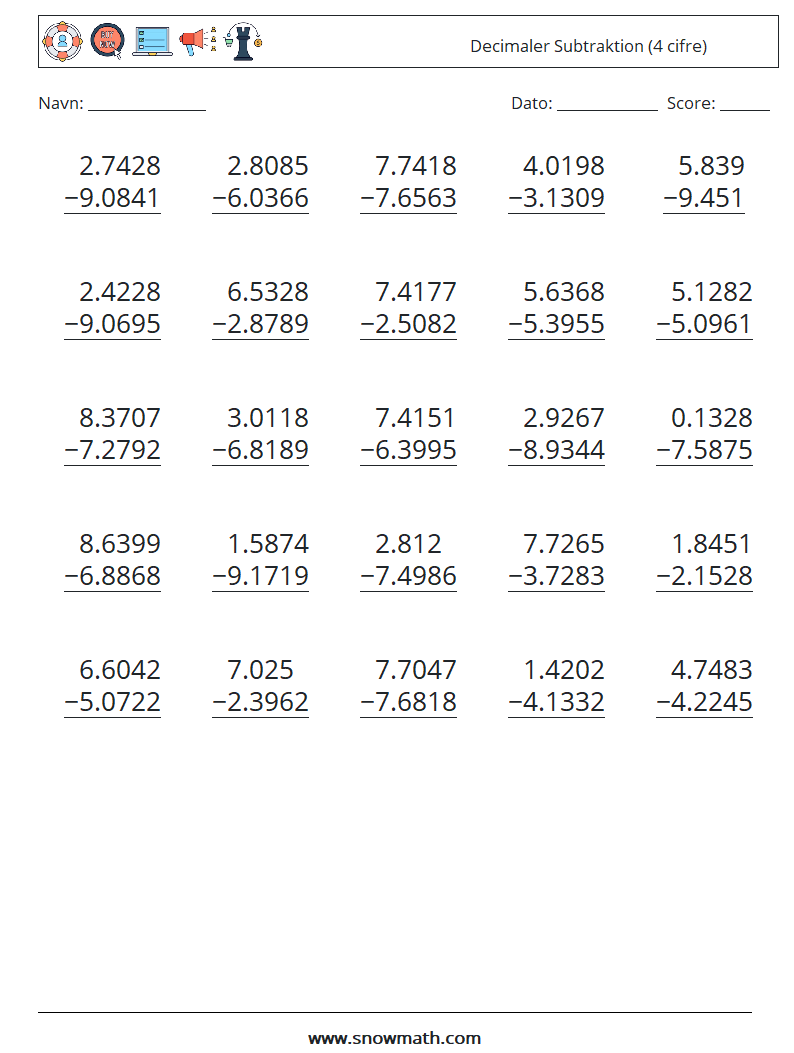 (25) Decimaler Subtraktion (4 cifre) Matematiske regneark 9