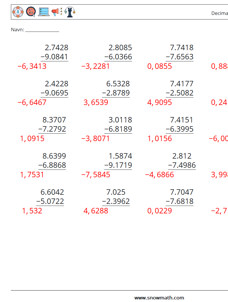 (25) Decimaler Subtraktion (4 cifre) Matematiske regneark 9 Spørgsmål, svar