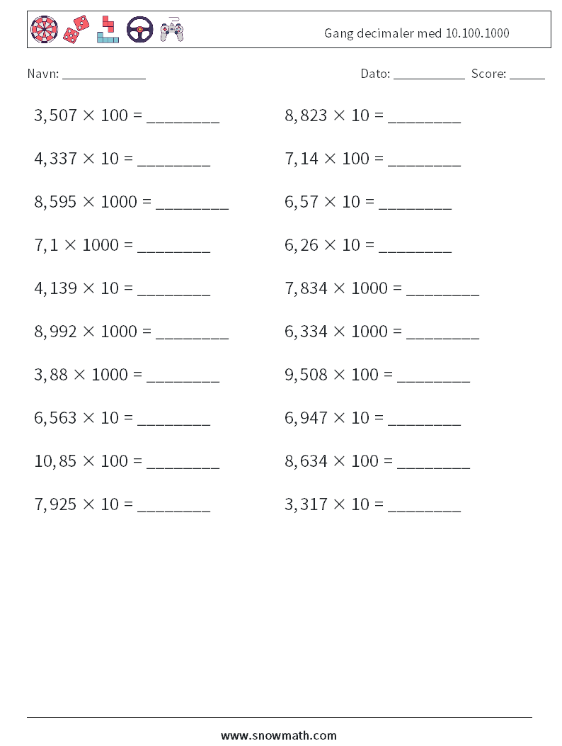 Gang decimaler med 10.100.1000 Matematiske regneark 1