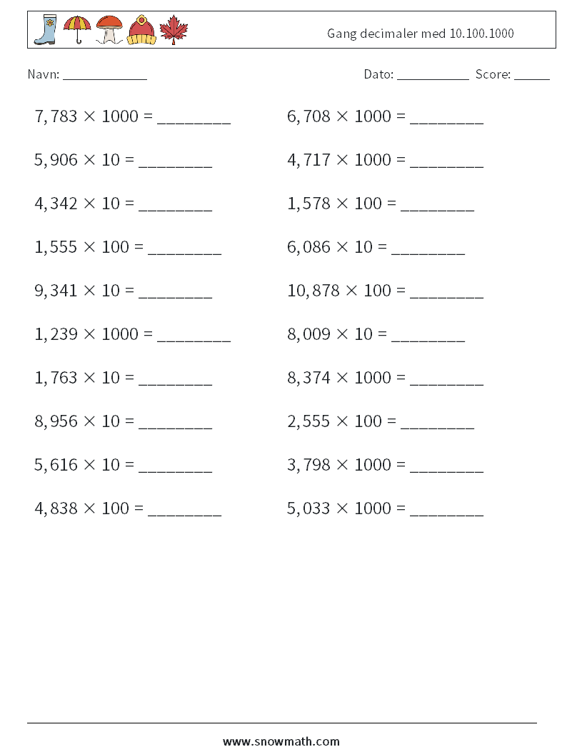 Gang decimaler med 10.100.1000 Matematiske regneark 10
