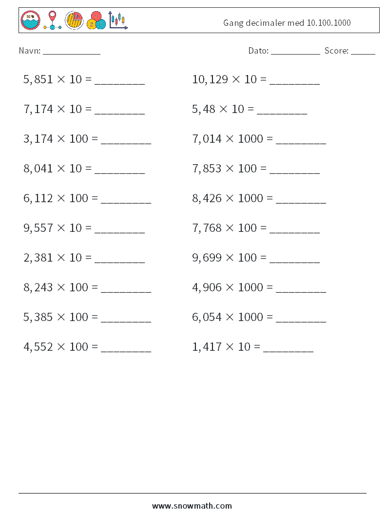 Gang decimaler med 10.100.1000 Matematiske regneark 11