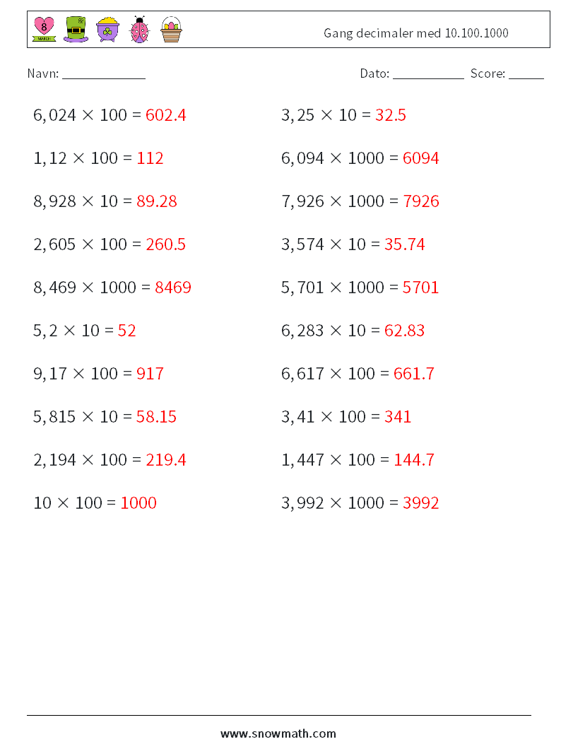 Gang decimaler med 10.100.1000 Matematiske regneark 12 Spørgsmål, svar